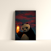 Kung Fu Panda poster online featuring animated panda holding fire against a dark red sky background